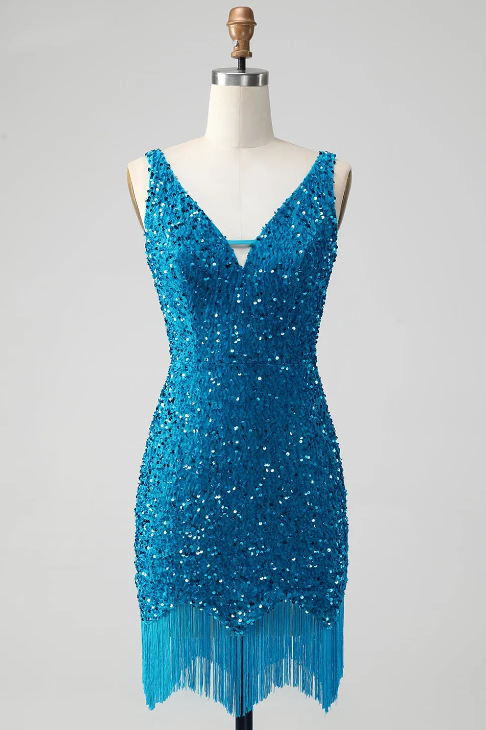 Sparkly Sage Bodycon V Pescoço Sequin Vestido Curto Homecoming com Tassel