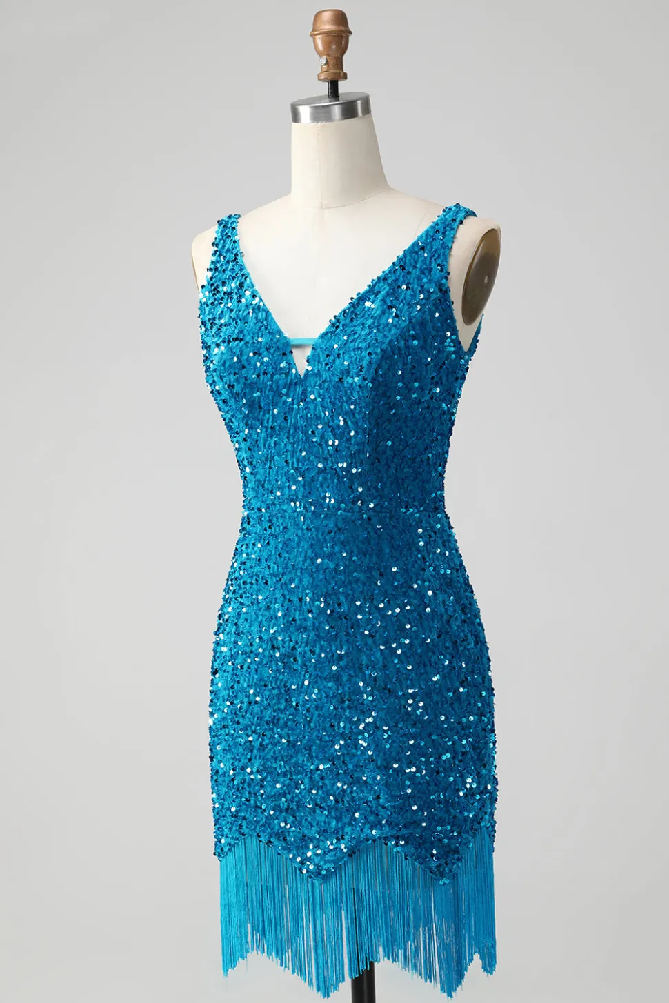 Sparkly Sage Bodycon V Pescoço Sequin Vestido Curto Homecoming com Tassel