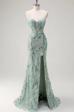 Sparkly Sage Esparguete Correias Sereia Long Sequin Prom Vestido com Fenda