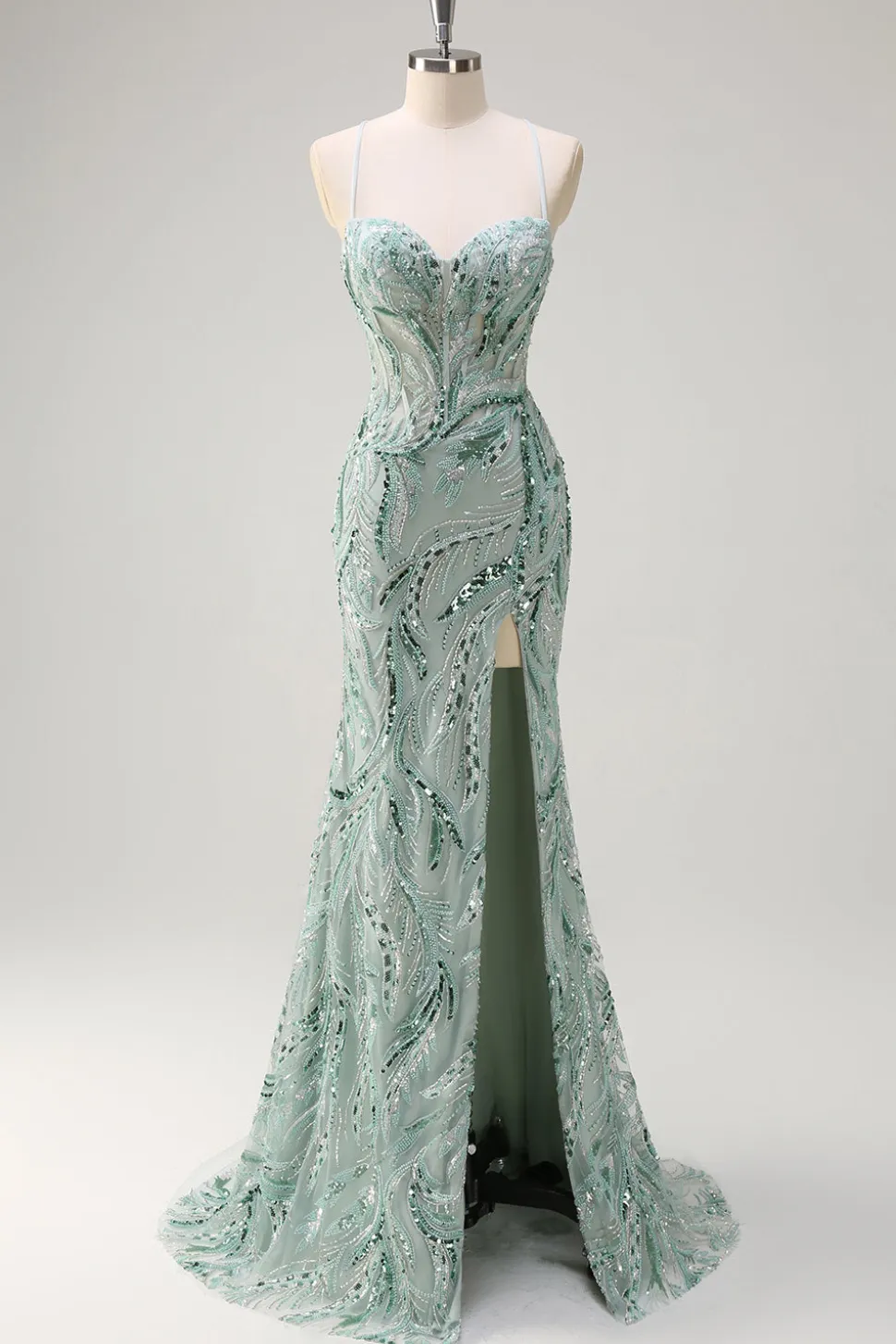 Sparkly Sage Esparguete Correias Sereia Long Sequin Prom Vestido com Fenda
