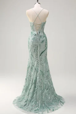 Sparkly Sage Esparguete Correias Sereia Long Sequin Prom Vestido com Fenda