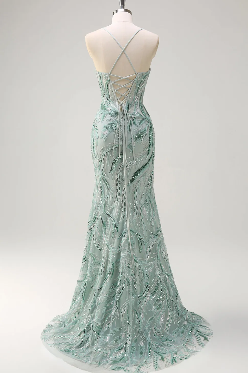 Sparkly Sage Esparguete Correias Sereia Long Sequin Prom Vestido com Fenda