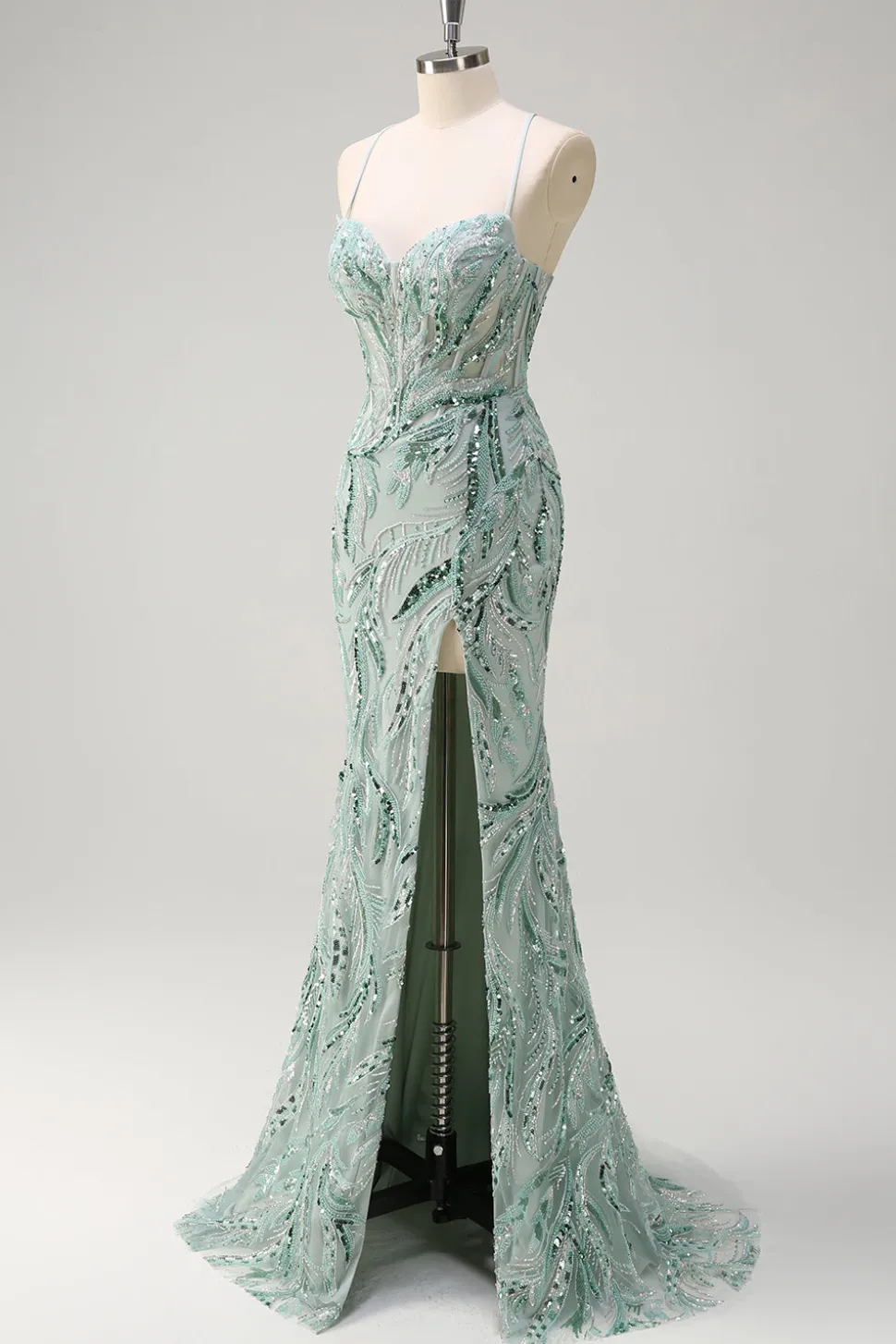 Sparkly Sage Esparguete Correias Sereia Long Sequin Prom Vestido com Fenda