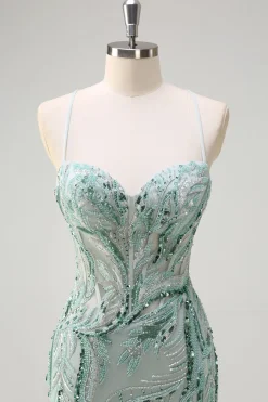 Sparkly Sage Esparguete Correias Sereia Long Sequin Prom Vestido com Fenda