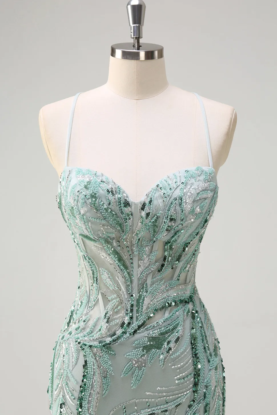 Sparkly Sage Esparguete Correias Sereia Long Sequin Prom Vestido com Fenda