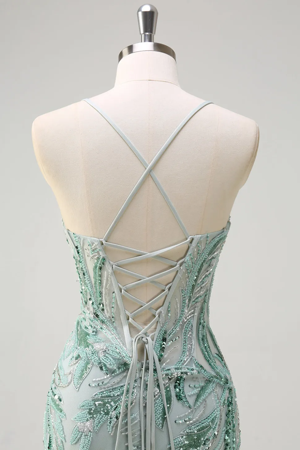 Sparkly Sage Esparguete Correias Sereia Long Sequin Prom Vestido com Fenda