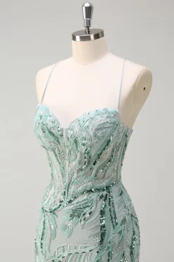 Sparkly Sage Esparguete Correias Sereia Long Sequin Prom Vestido com Fenda