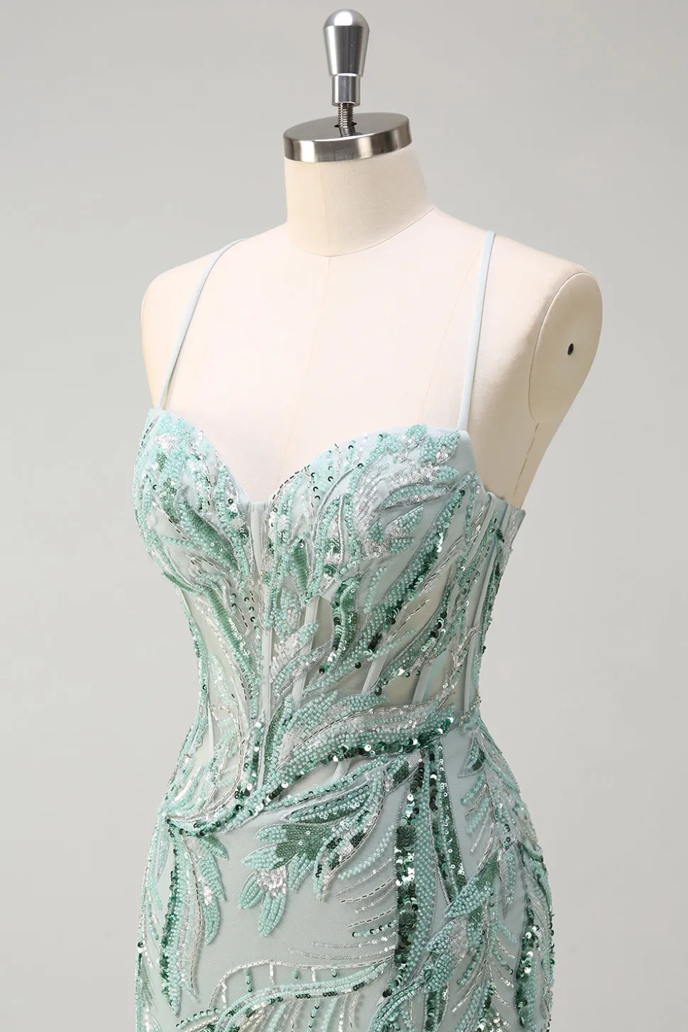 Sparkly Sage Esparguete Correias Sereia Long Sequin Prom Vestido com Fenda