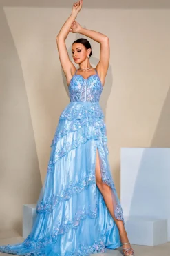 Sparkly Sequins Azul Uma Linha Corset Prom Dress com Fenda