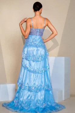 Sparkly Sequins Azul Uma Linha Corset Prom Dress com Fenda