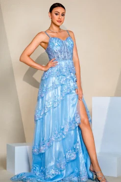 Sparkly Sequins Azul Uma Linha Corset Prom Dress com Fenda