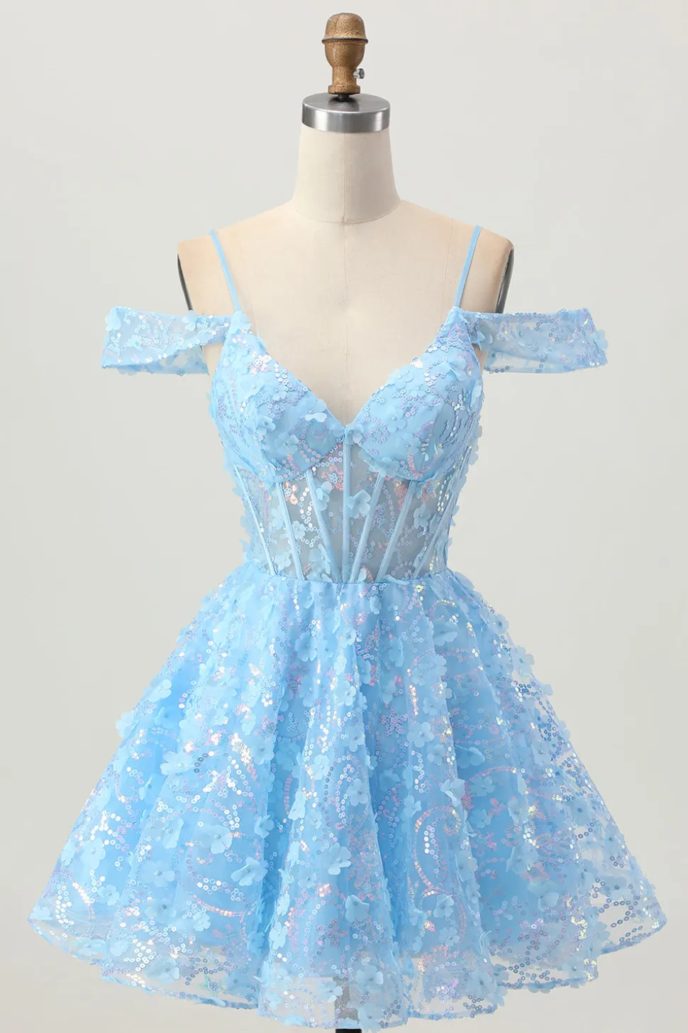 Sparkly Sequins Blue A-Line Ombro Frio Mini Vestido Homecoming com costas abertas