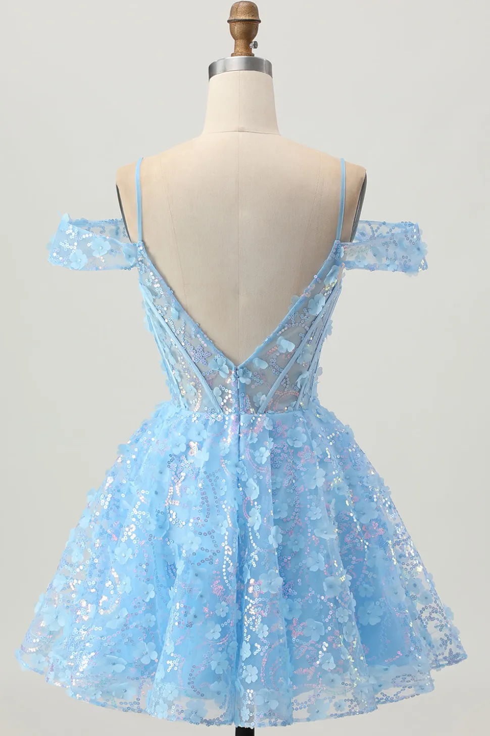 Sparkly Sequins Blue A-Line Ombro Frio Mini Vestido Homecoming com costas abertas