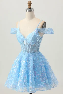 Sparkly Sequins Blue A-Line Ombro Frio Mini Vestido Homecoming com costas abertas