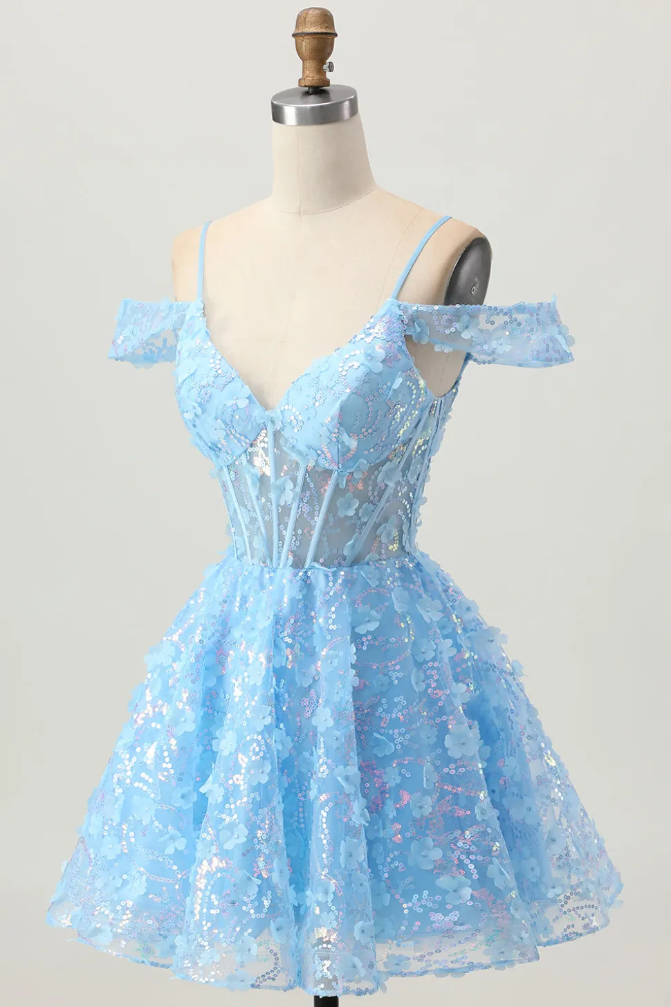 Sparkly Sequins Blue A-Line Ombro Frio Mini Vestido Homecoming com costas abertas
