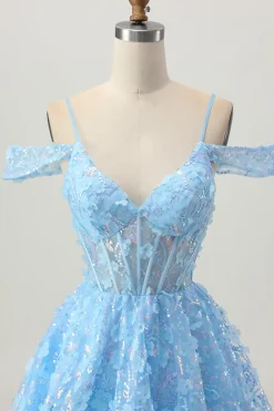 Sparkly Sequins Blue A-Line Ombro Frio Mini Vestido Homecoming com costas abertas