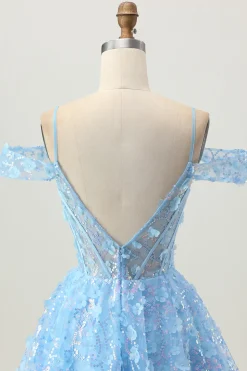 Sparkly Sequins Blue A-Line Ombro Frio Mini Vestido Homecoming com costas abertas