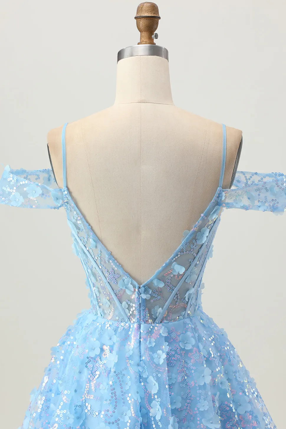 Sparkly Sequins Blue A-Line Ombro Frio Mini Vestido Homecoming com costas abertas