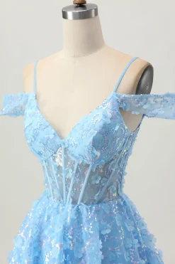 Sparkly Sequins Blue A-Line Ombro Frio Mini Vestido Homecoming com costas abertas