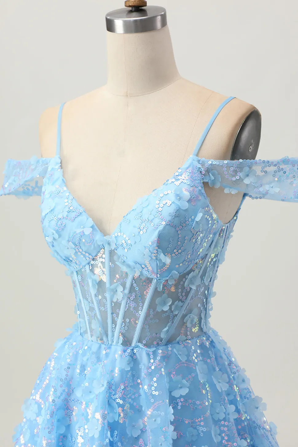 Sparkly Sequins Blue A-Line Ombro Frio Mini Vestido Homecoming com costas abertas