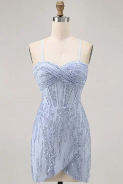 Sparkly Sequins Corset Cinza Azul Bodycon Vestido Curto Homecoming