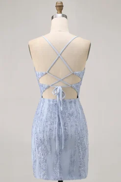 Sparkly Sequins Corset Cinza Azul Bodycon Vestido Curto Homecoming