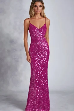 Sparkly Sequins Fuchsia Espaghetti Correias Bainha Vestido Formal