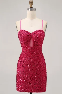 Sparkly Sequins Fuchsia Esparguete Correias Short Tight Homecoming Dress