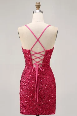 Sparkly Sequins Fuchsia Esparguete Correias Short Tight Homecoming Dress