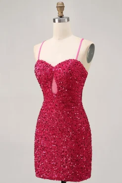 Sparkly Sequins Fuchsia Esparguete Correias Short Tight Homecoming Dress