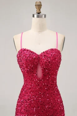 Sparkly Sequins Fuchsia Esparguete Correias Short Tight Homecoming Dress