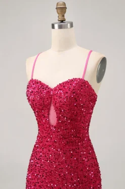 Sparkly Sequins Fuchsia Esparguete Correias Short Tight Homecoming Dress
