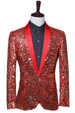 Sparkly Sequins Masculino Xale Vermelho Lapela Prom Blazer