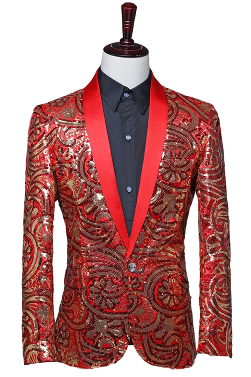 Sparkly Sequins Masculino Xale Vermelho Lapela Prom Blazer