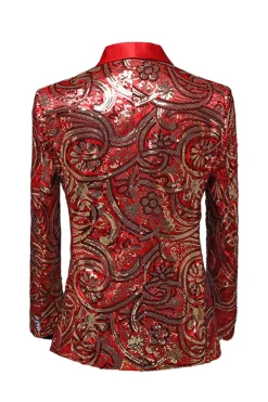 Sparkly Sequins Masculino Xale Vermelho Lapela Prom Blazer