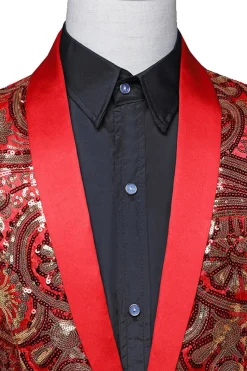Sparkly Sequins Masculino Xale Vermelho Lapela Prom Blazer