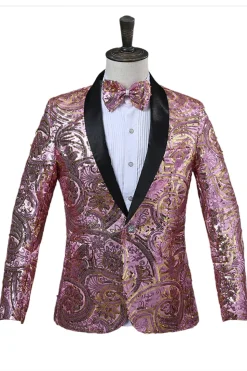 Sparkly Sequins Masculino Xale Vermelho Lapela Prom Blazer