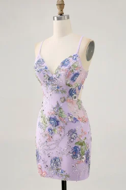 Sparkly Sequins Pink Bodycon Vestido Curto Floral Homecoming