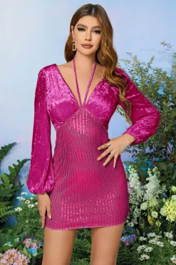 Sparkly Sequins Preto Bodycon Halter Vestido de Coquetel Curto