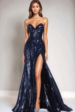 Sparkly Sequins Sereia Marinha Strapless Tight Formal Dress com Fenda