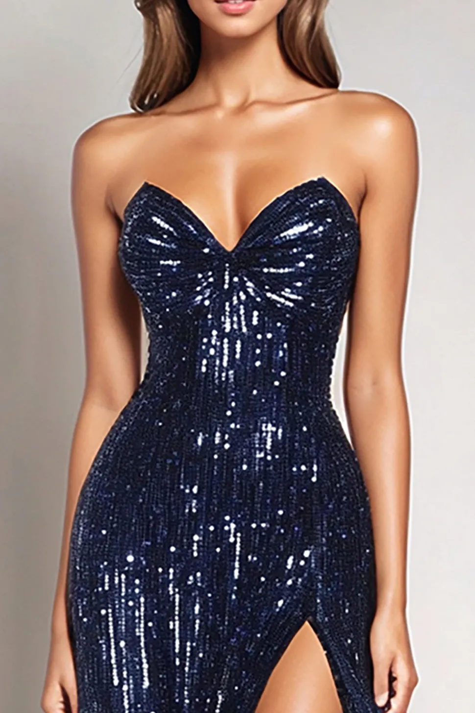 Sparkly Sequins Sereia Marinha Strapless Tight Formal Dress com Fenda