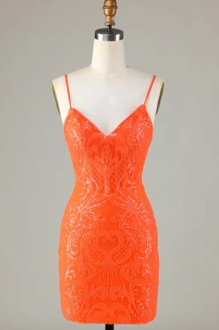 Sparkly Sequins Tight Orange Homecoming Vestido