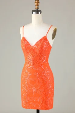 Sparkly Sequins Tight Orange Homecoming Vestido