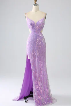 Sparkly Sereia Esparguete Correias Sequins Prom Dress com Fenda