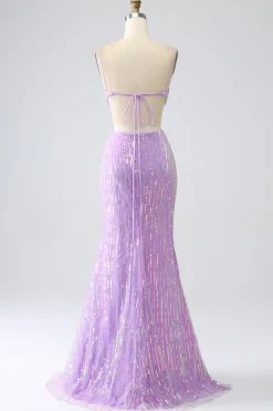 Sparkly Sereia Esparguete Correias Sequins Prom Dress com Fenda