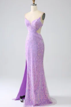 Sparkly Sereia Esparguete Correias Sequins Prom Dress com Fenda