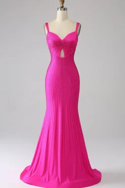 Sparkly Sereia Hot Pink Prom Dress com Hollow-out