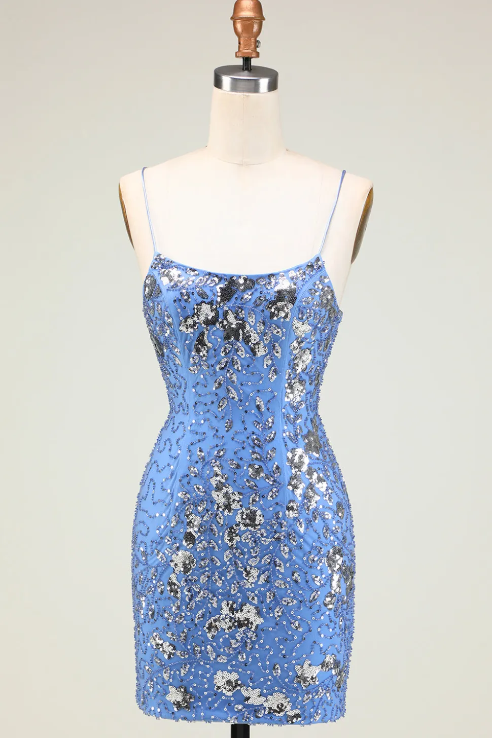 Sparkly Sheath Espaghetti Correias Cinzento Azul Sequins Vestido Curto Homecoming com Criss Cross Back