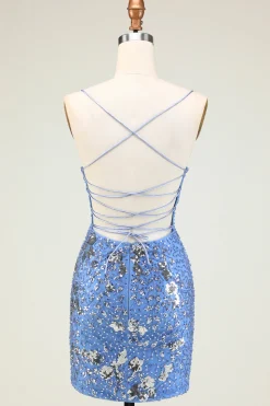 Sparkly Sheath Espaghetti Correias Cinzento Azul Sequins Vestido Curto Homecoming com Criss Cross Back