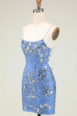 Sparkly Sheath Espaghetti Correias Cinzento Azul Sequins Vestido Curto Homecoming com Criss Cross Back